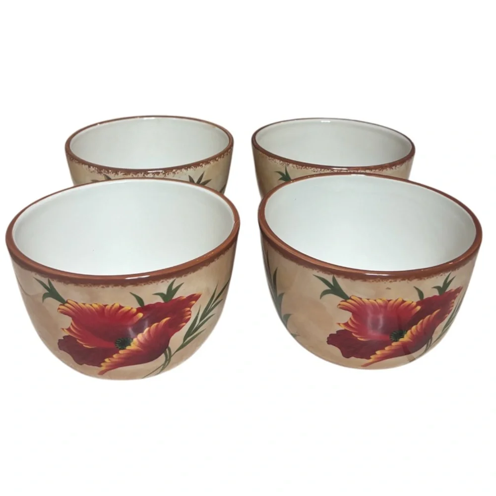 Pier 1 Poppies Bowls 6” Soup / Cereal Bowl Hand Painted Earthenware 4 Pc Set Red